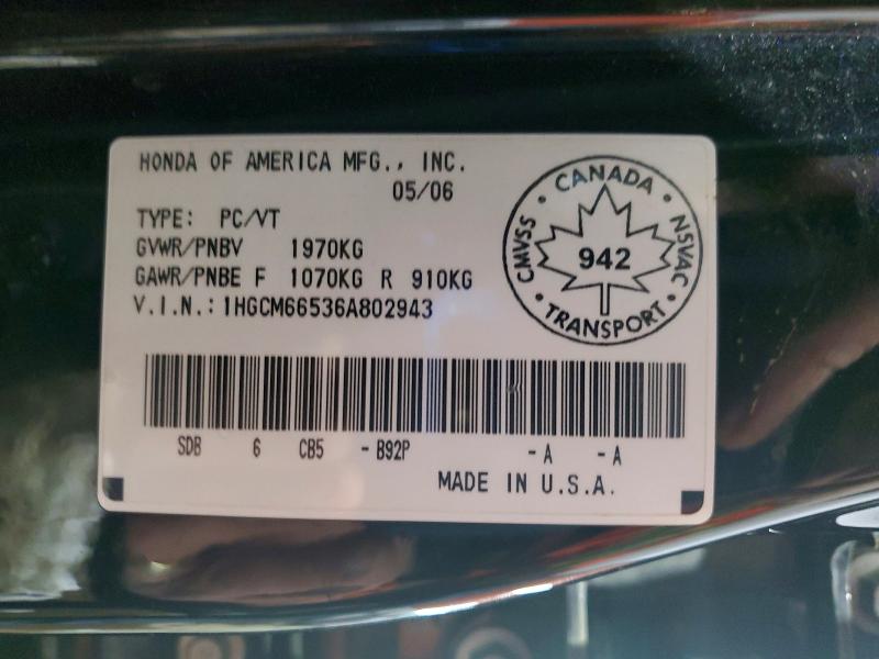 Aukcja sprzedaży 2006 Honda Accord, vin: 1HGCM66536A802943, numer aukcji: 48272766