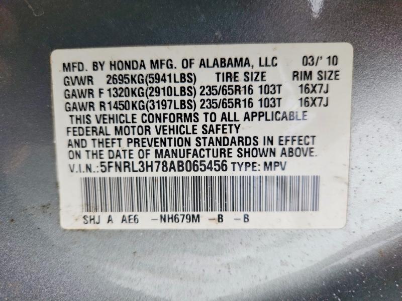 2010 Honda Odyssey მანქანა იყიდება აუქციონზე, vin: 5FNRL3H78AB065456, აუქციონის ნომერი: 50352076