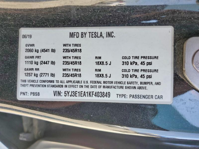 Продажа на аукционе авто 2019 Tesla Model 3, vin: 5YJ3E1EA1KF403849, номер лота: 49229516