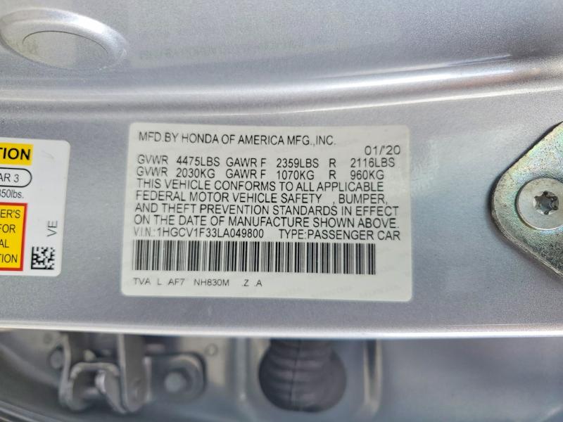 2020 Honda Accord მანქანა იყიდება აუქციონზე, vin: 1HGCV1F33LA049800, აუქციონის ნომერი: 50652456