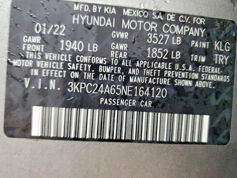 2022 Hyundai Accent მანქანა იყიდება აუქციონზე, vin: 3KPC24A65NE164120, აუქციონის ნომერი: 51184156