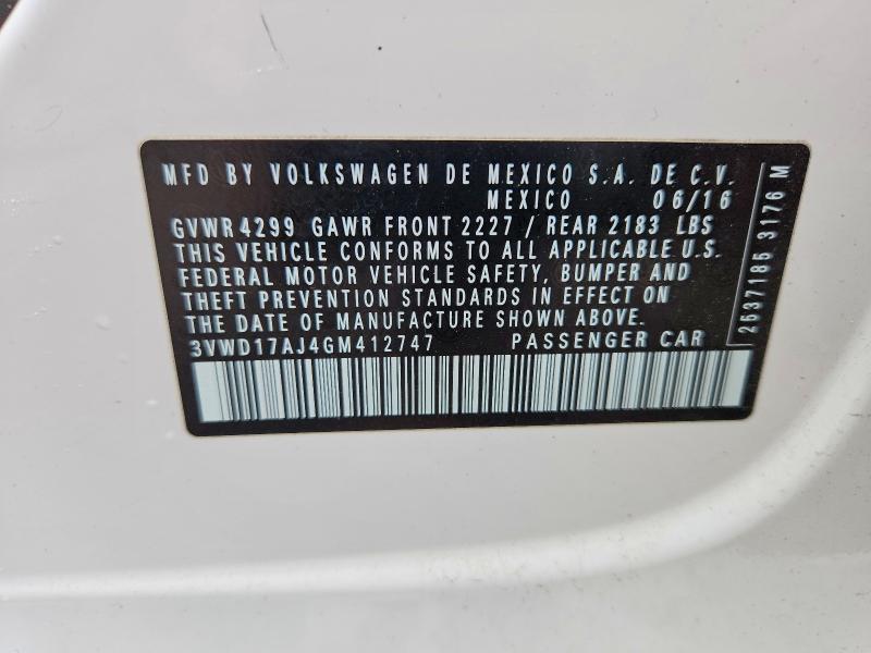 2016 Volkswagen Jetta მანქანა იყიდება აუქციონზე, vin: 3VWD17AJ4GM412747, აუქციონის ნომერი: 48640506