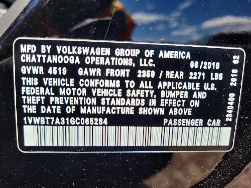 2016 Volkswagen Passat მანქანა იყიდება აუქციონზე, vin: 1VWBT7A31GC065284, აუქციონის ნომერი: 49150616