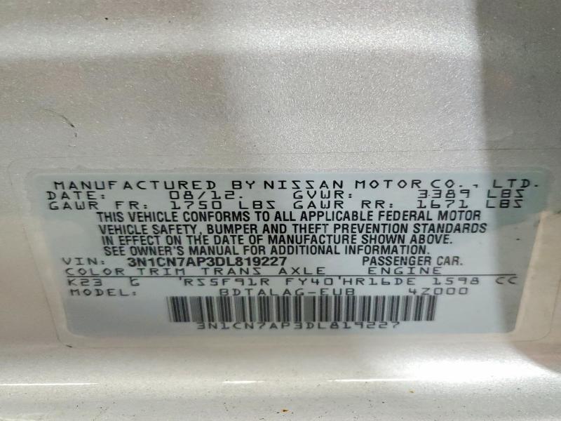 Auction sale of the 2013 Nissan Versa, vin: 3N1CN7AP3DL819227, lot number: 51068356