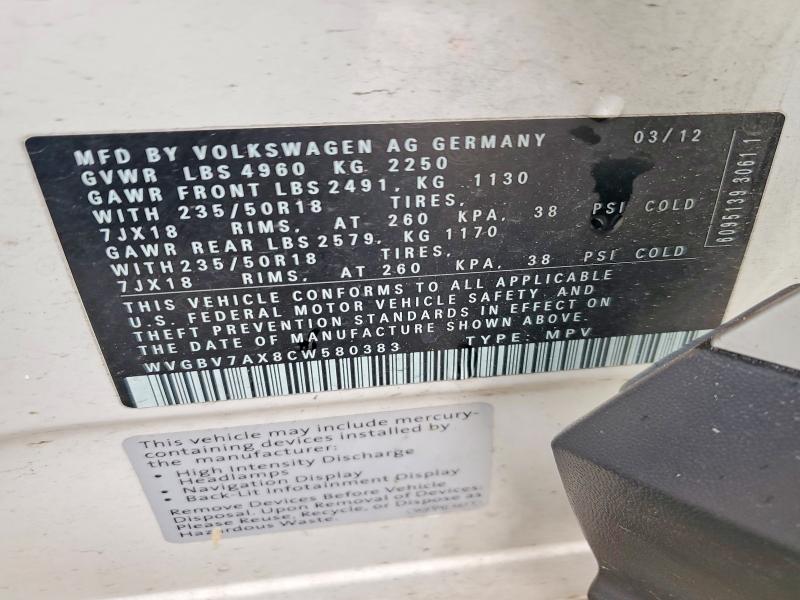 Aukcja sprzedaży 2012 Volkswagen Tiguan, vin: WVGBV7AX8CW580383, numer aukcji: 50910106