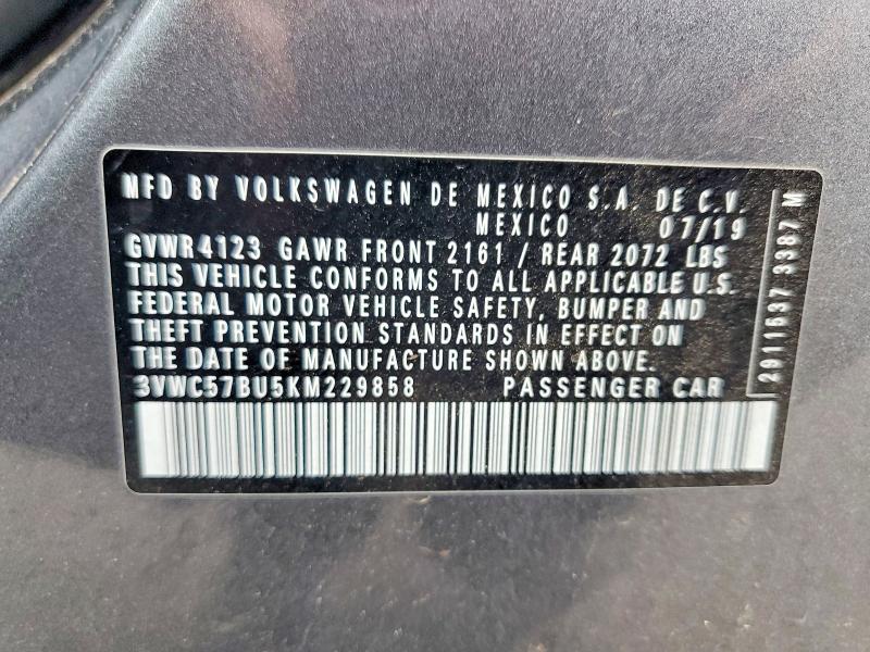 2019 Volkswagen Jetta მანქანა იყიდება აუქციონზე, vin: 3VWC57BU5KM229858, აუქციონის ნომერი: 48914386