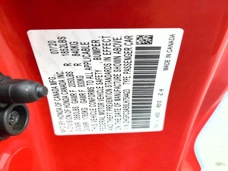 Продаж на аукціоні авто 2020 Honda Civic, vin: 2HGFC3A56LH754423, номер лоту: 51402016