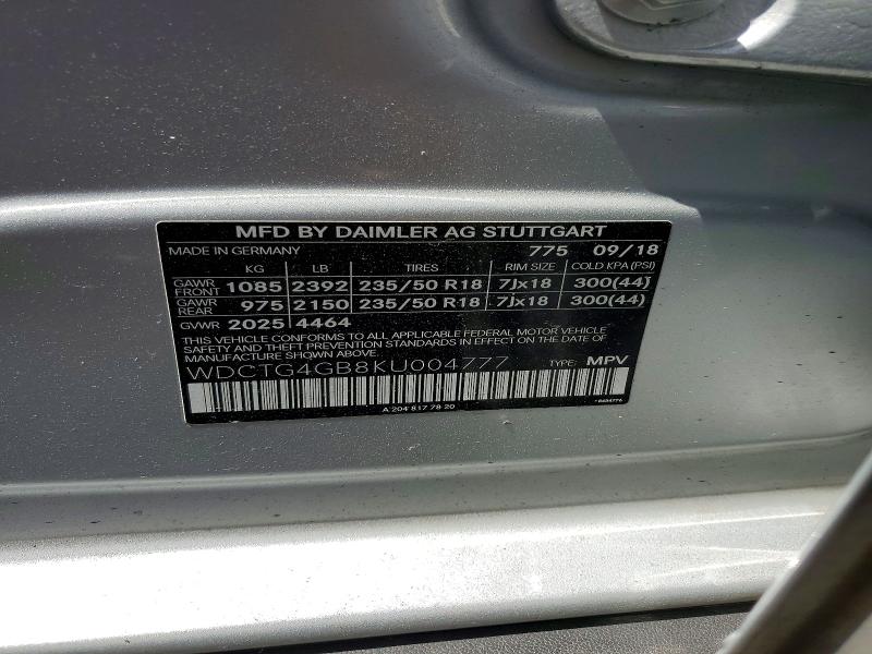 Aukcja sprzedaży 2019 Mercedes-benz Gla, vin: WDCTG4GB8KU004777, numer aukcji: 50797176