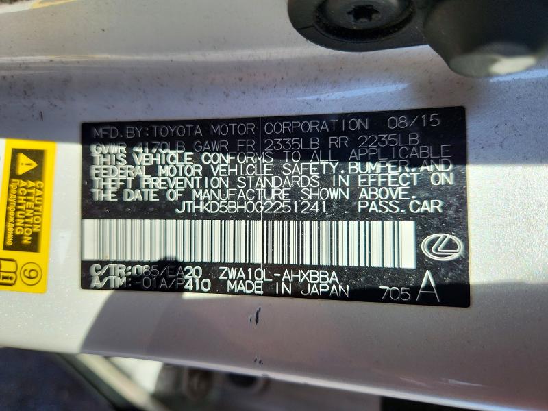 50595446 :رقم المزاد ، JTHKD5BH0G2251241 vin ، 2016 Lexus Ct مزاد بيع