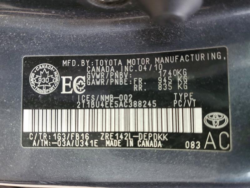 48353966 :رقم المزاد ، 2T1BU4EE5AC388245 vin ، 2010 Toyota Corolla مزاد بيع