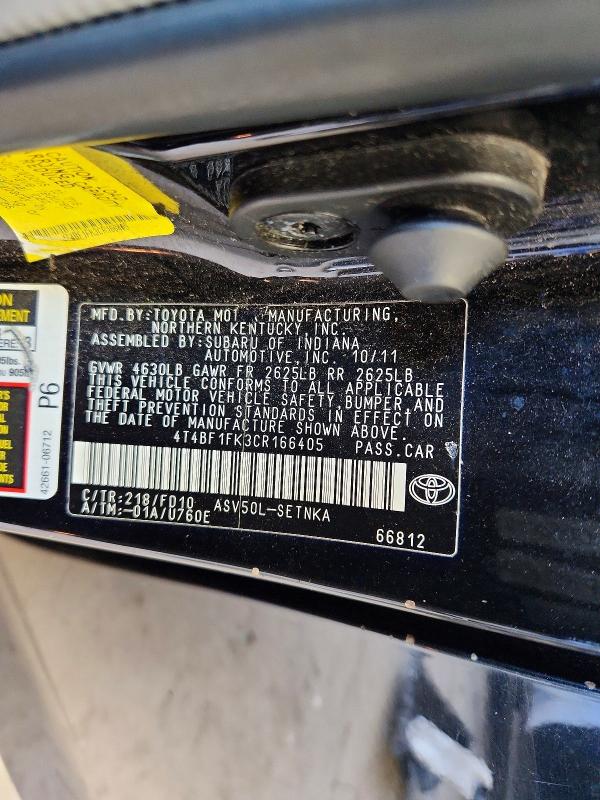Продаж на аукціоні авто 2012 Toyota Camry, vin: 4T4BF1FK3CR166405, номер лоту: 51199936