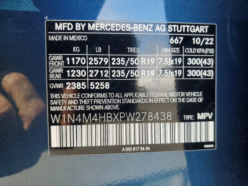 51113876 :رقم المزاد ، W1N4M4HBXPW278438 vin ، 2023 Mercedes-benz Glb مزاد بيع