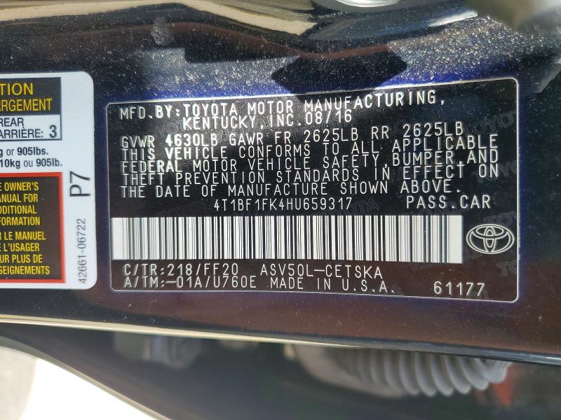 2017 Toyota Camry მანქანა იყიდება აუქციონზე, vin: 4T1BF1FK4HU659317, აუქციონის ნომერი: 49281906