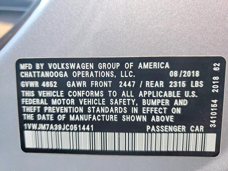 Продаж на аукціоні авто 2018 Volkswagen Passat, vin: 1VWJM7A39JC051441, номер лоту: 48759246