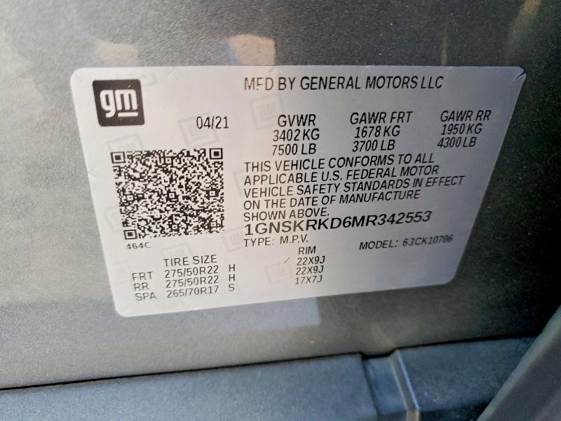 Продаж на аукціоні авто 2021 Chevrolet Tahoe, vin: 1GNSKRKD6MR342553, номер лоту: 50613066