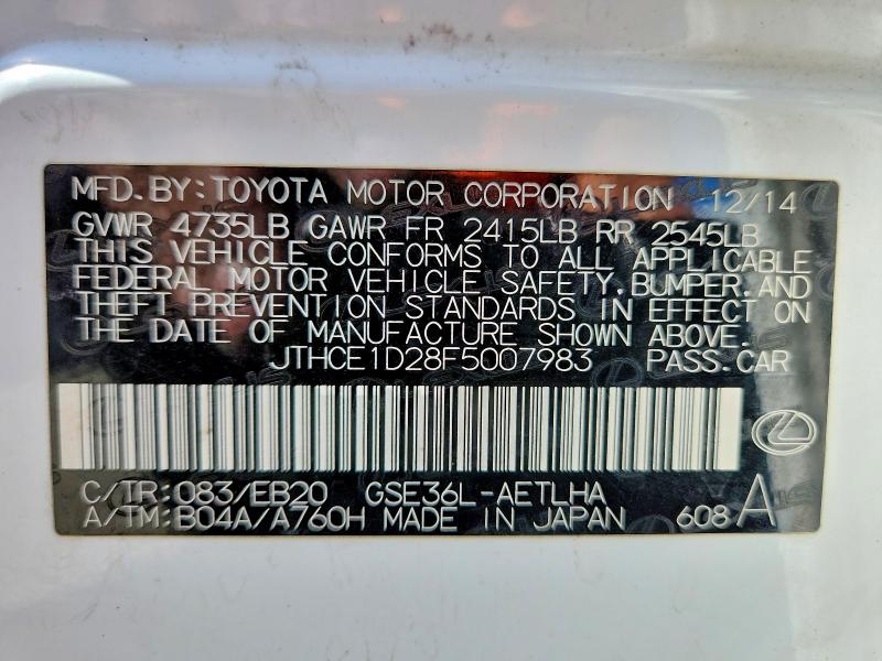 Продаж на аукціоні авто 2015 Lexus Is, vin: JTHCE1D28F5007983, номер лоту: 49856276