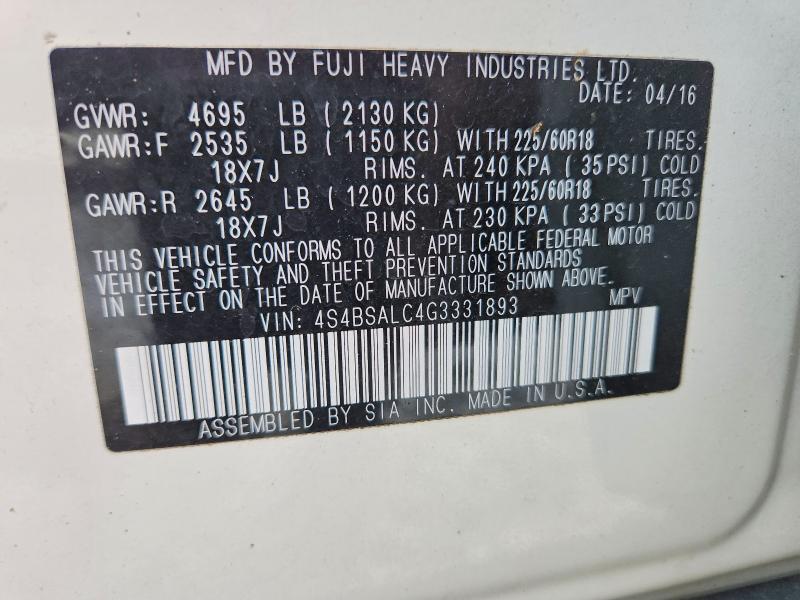 Aukcja sprzedaży 2016 Subaru Outback, vin: 4S4BSALC4G3331893, numer aukcji: 50085326