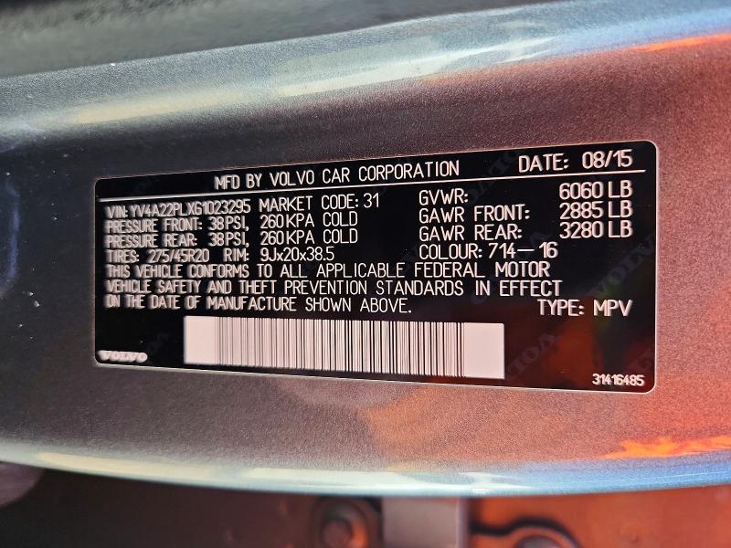 Aukcja sprzedaży 2016 Volvo Xc90, vin: YV4A22PLXG1023295, numer aukcji: 51132396