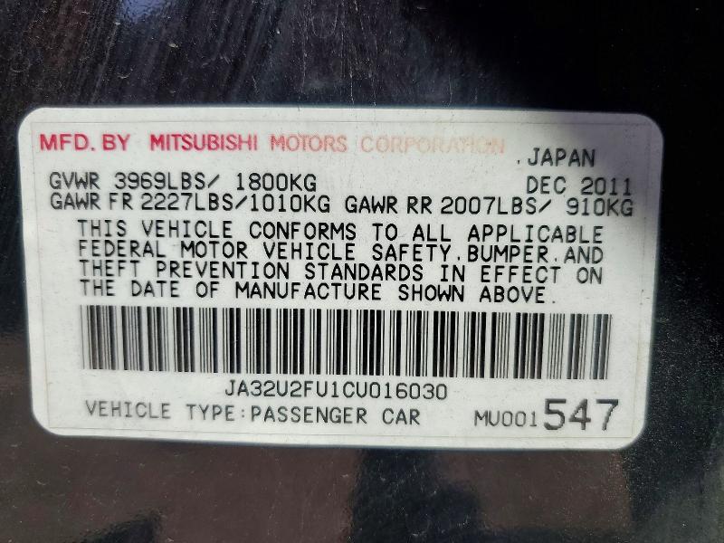 50349026 :رقم المزاد ، JA32U2FU1CU016030 vin ، 2012 Mitsubishi Lancer مزاد بيع