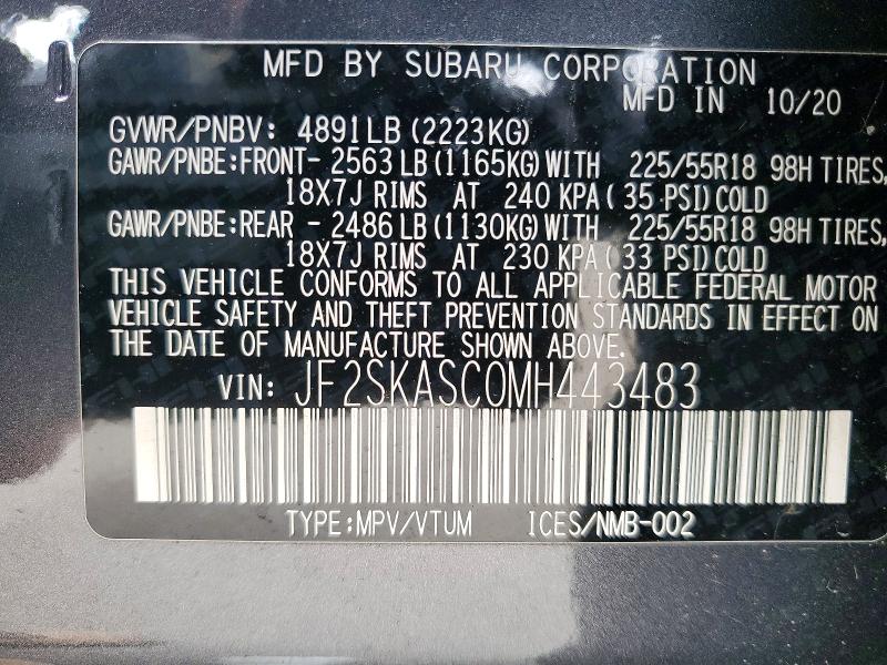 Продаж на аукціоні авто 2021 Subaru Forester, vin: JF2SKASC0MH443483, номер лоту: 51950536