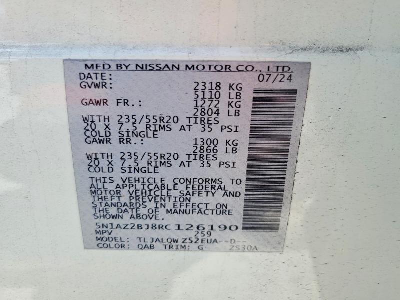 Aukcja sprzedaży 2024 Nissan Murano, vin: 5N1AZ2BJ8RC126190, numer aukcji: 50769306