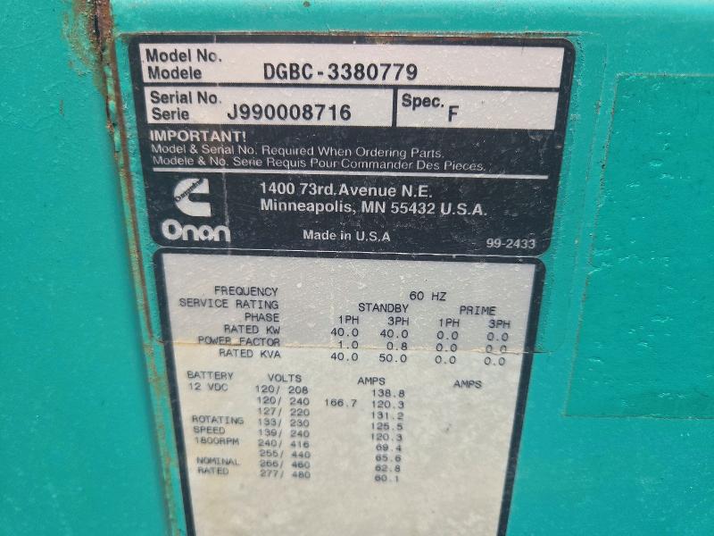 1999 Onan Genset მანქანა იყიდება აუქციონზე, vin: 5KCJ1222, აუქციონის ნომერი: 50117246