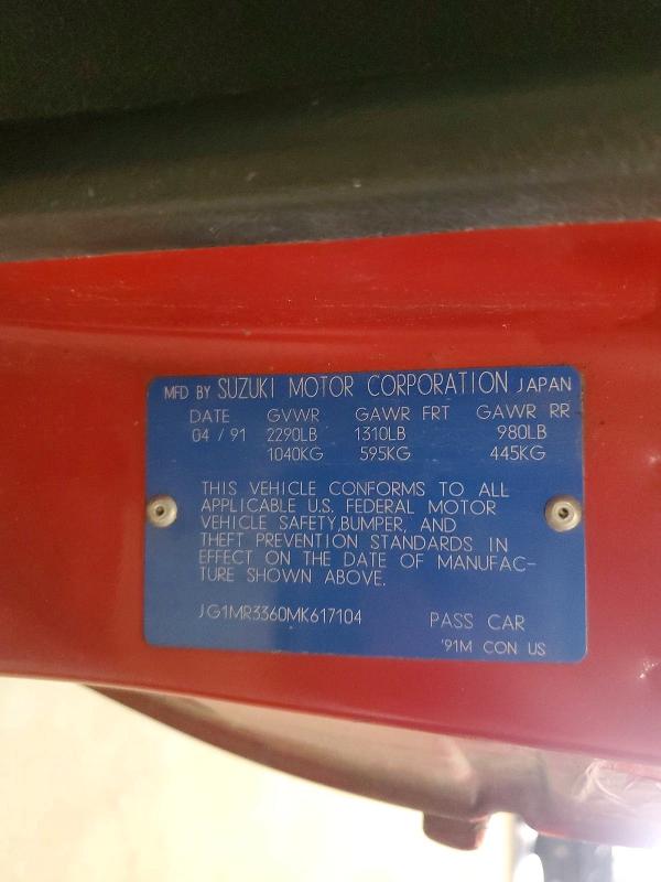 1991 Geo Metro მანქანა იყიდება აუქციონზე, vin: JG1MR3360MK617104, აუქციონის ნომერი: 49679716