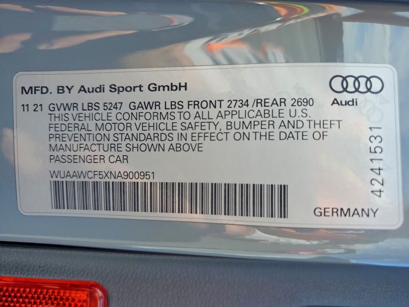 2022 Audi Rs5 მანქანა იყიდება აუქციონზე, vin: WUAAWCF5XNA900951, აუქციონის ნომერი: 49121986