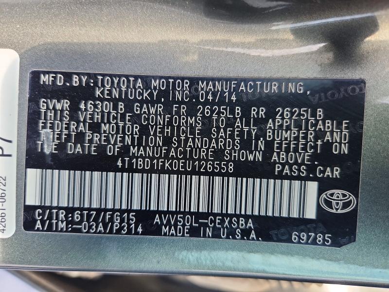 Aukcja sprzedaży 2014 Toyota Camry Hybrid, vin: 4T1BD1FK0EU126558, numer aukcji: 50258446