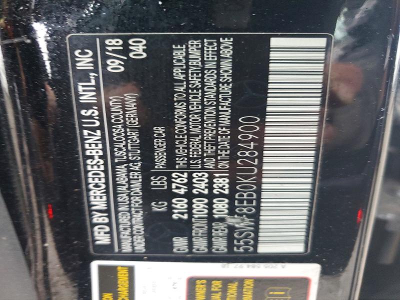 48510396 :رقم المزاد ، 55SWF8EB0KU284900 vin ، 2019 Mercedes-benz C مزاد بيع