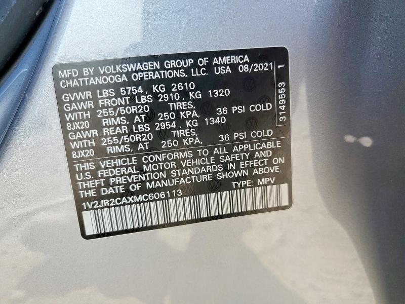 Aukcja sprzedaży 2021 Volkswagen Atlas, vin: 1V2JR2CAXMC606113, numer aukcji: 48574286
