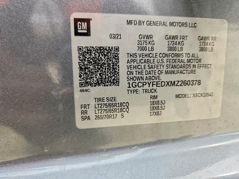2021 Chevrolet Silverado მანქანა იყიდება აუქციონზე, vin: 1GCPYFEDXMZ260378, აუქციონის ნომერი: 48815746