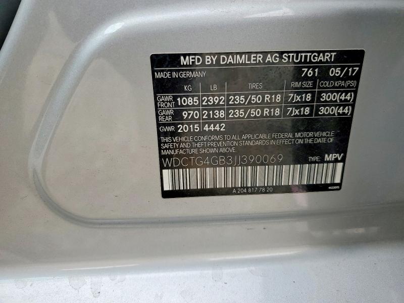 Aukcja sprzedaży 2018 Mercedes-benz Gla, vin: WDCTG4GB3JJ390069, numer aukcji: 48605086