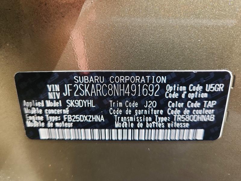 51838766 :رقم المزاد ، JF2SKARC8NH491692 vin ، 2022 Subaru Forester مزاد بيع