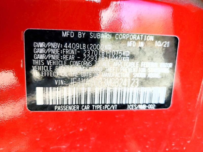 Продаж на аукціоні авто 2021 Subaru Wrx, vin: JF1VA1C63M9824123, номер лоту: 49092566