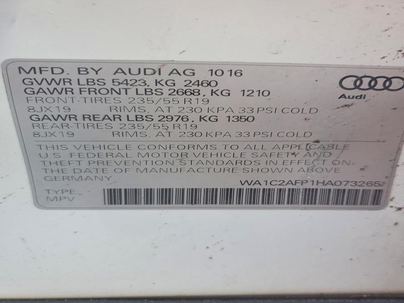 2017 Audi Q5 მანქანა იყიდება აუქციონზე, vin: WA1C2AFP1HA073265, აუქციონის ნომერი: 48187256