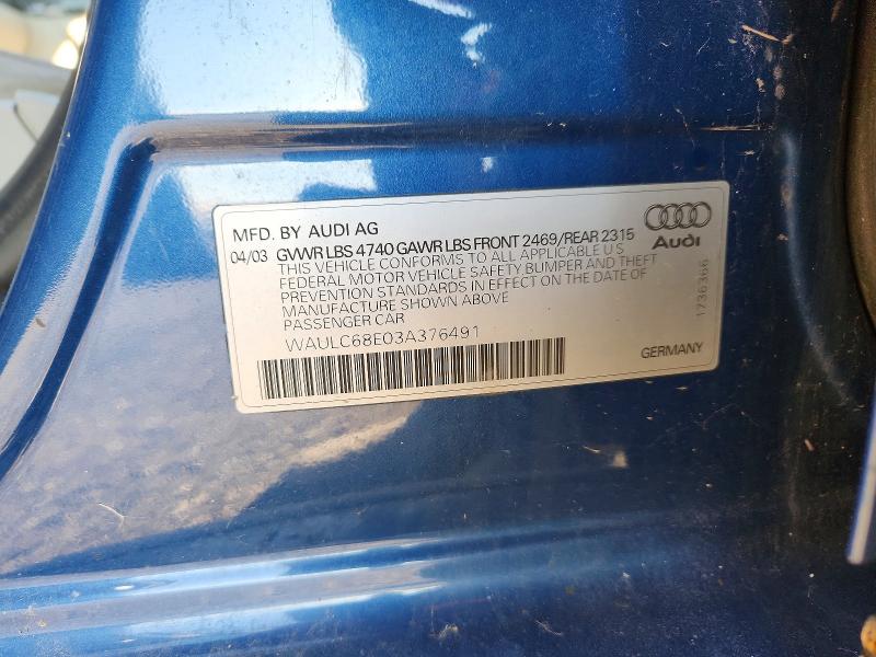 2003 Audi A4 მანქანა იყიდება აუქციონზე, vin: WAULC68E03A376491, აუქციონის ნომერი: 47788526