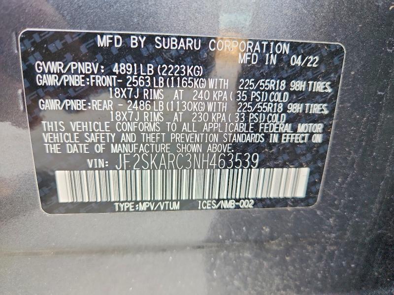 2022 Subaru Forester მანქანა იყიდება აუქციონზე, vin: JF2SKARC3NH463539, აუქციონის ნომერი: 50399526