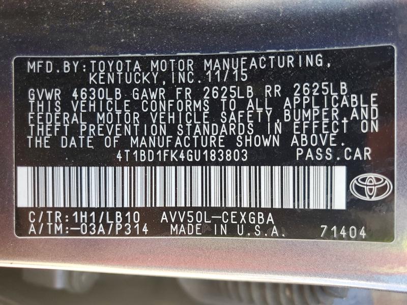 49390396 :رقم المزاد ، 4T1BD1FK4GU183803 vin ، 2016 Toyota Camry Hybrid مزاد بيع