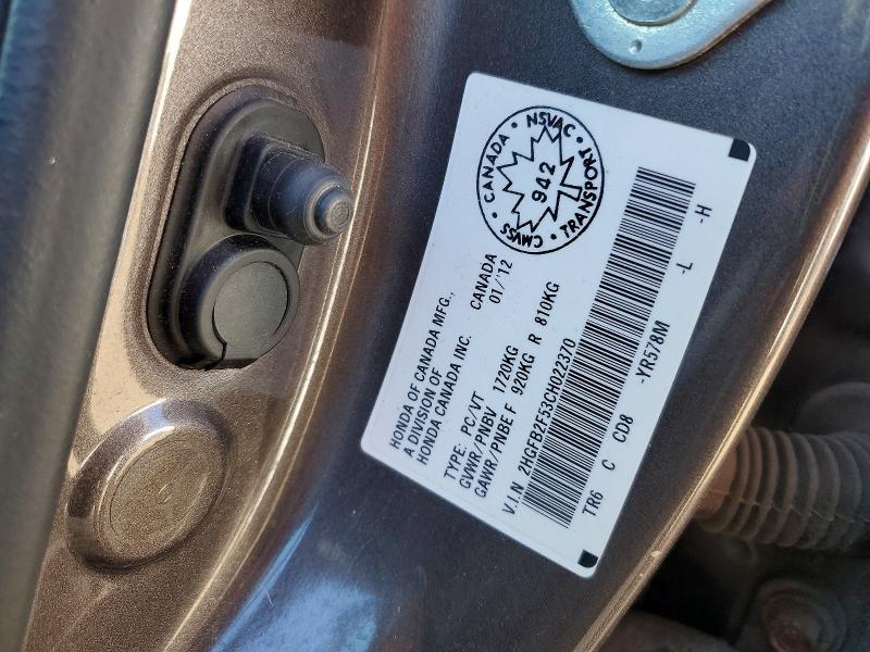 50838586 :رقم المزاد ، 2HGFB2F53CH022370 vin ، 2012 Honda Civic مزاد بيع