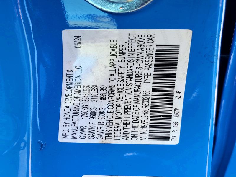 2024 Honda Civic მანქანა იყიდება აუქციონზე, vin: 19XFL2H80RE032166, აუქციონის ნომერი: 50018856