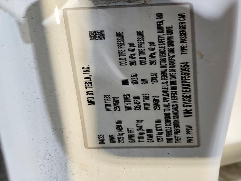 2023 Tesla Model 3 მანქანა იყიდება აუქციონზე, vin: 5YJ3E1EAXPF550954, აუქციონის ნომერი: 49894506
