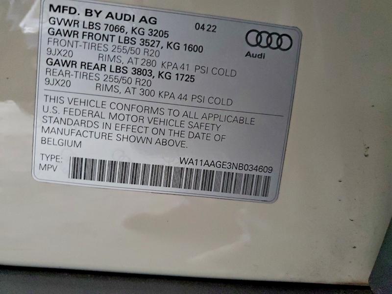 2022 Audi E-tron მანქანა იყიდება აუქციონზე, vin: WA11AAGE3NB034609, აუქციონის ნომერი: 48158106