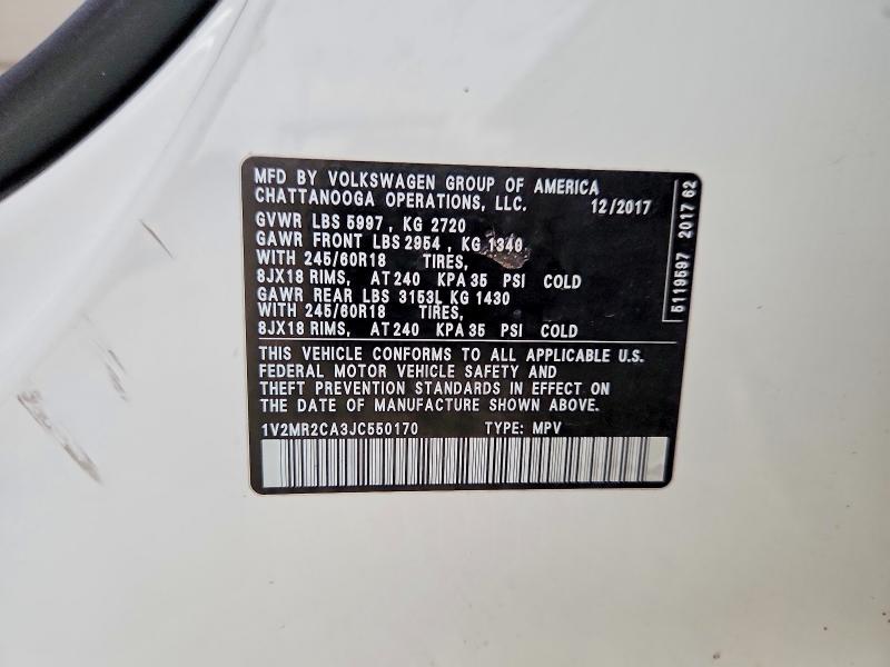 50229496 :رقم المزاد ، 1V2MR2CA3JC550170 vin ، 2018 Volkswagen Atlas مزاد بيع