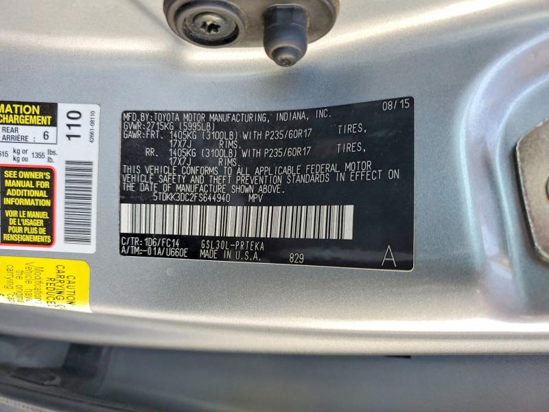 51041566 :رقم المزاد ، 5TDKK3DC2FS644940 vin ، 2015 Toyota Sienna مزاد بيع