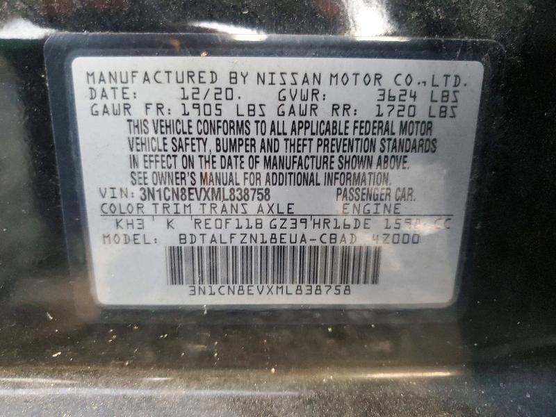 2021 Nissan Versa მანქანა იყიდება აუქციონზე, vin: 3N1CN8EVXML838758, აუქციონის ნომერი: 48340216