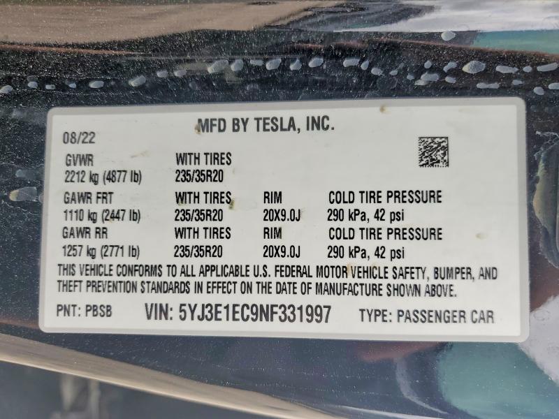 49447386 :رقم المزاد ، 5YJ3E1EC9NF331997 vin ، 2022 Tesla Model 3 مزاد بيع