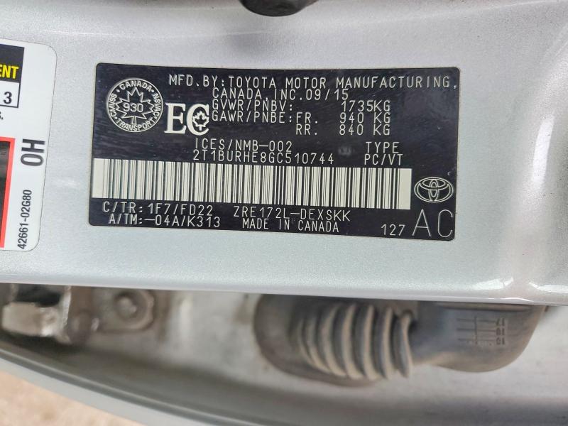 2016 Toyota Corolla მანქანა იყიდება აუქციონზე, vin: 2T1BURHE8GC510744, აუქციონის ნომერი: 51804846