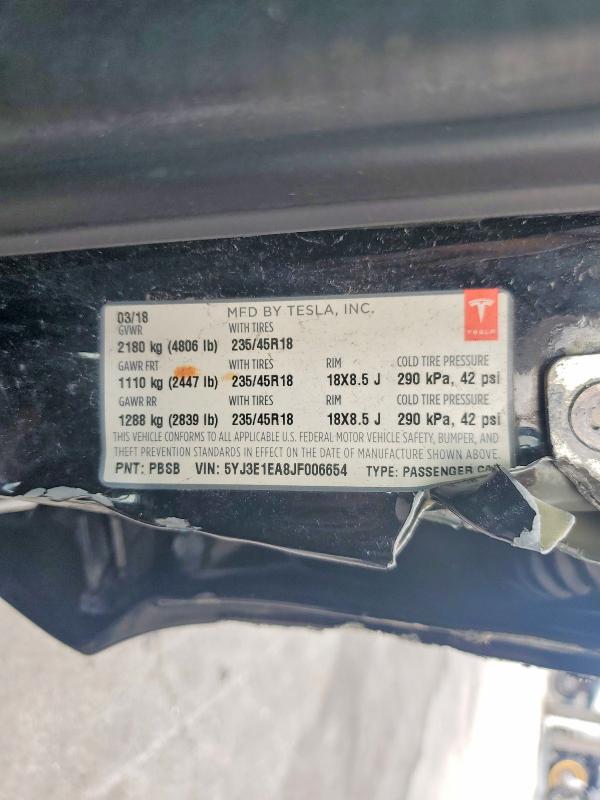 2018 Tesla Model 3 მანქანა იყიდება აუქციონზე, vin: 5YJ3E1EA8JF006654, აუქციონის ნომერი: 47274466