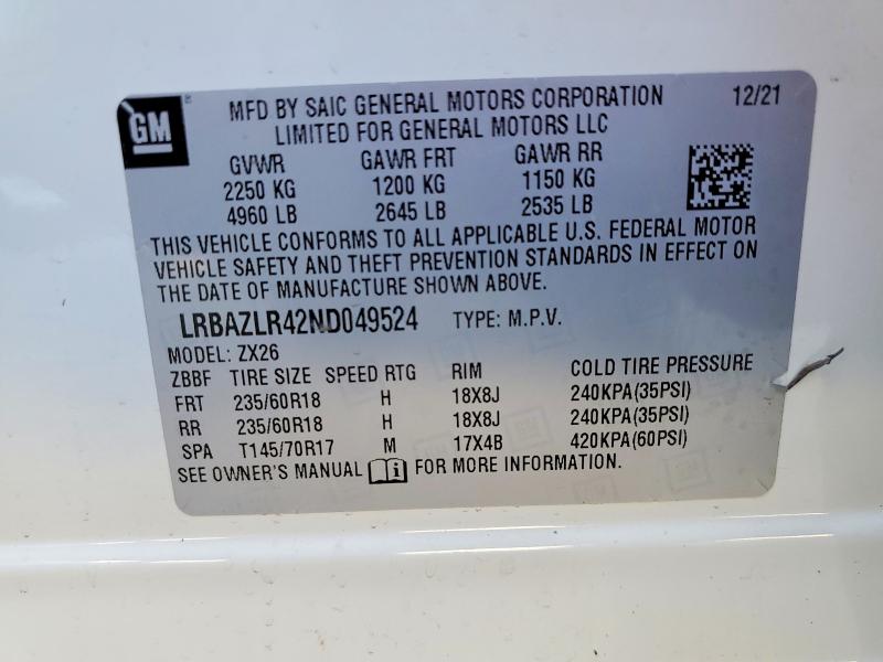 Продажа на аукционе авто 2022 Buick Envision, vin: LRBAZLR42ND049524, номер лота: 49057416